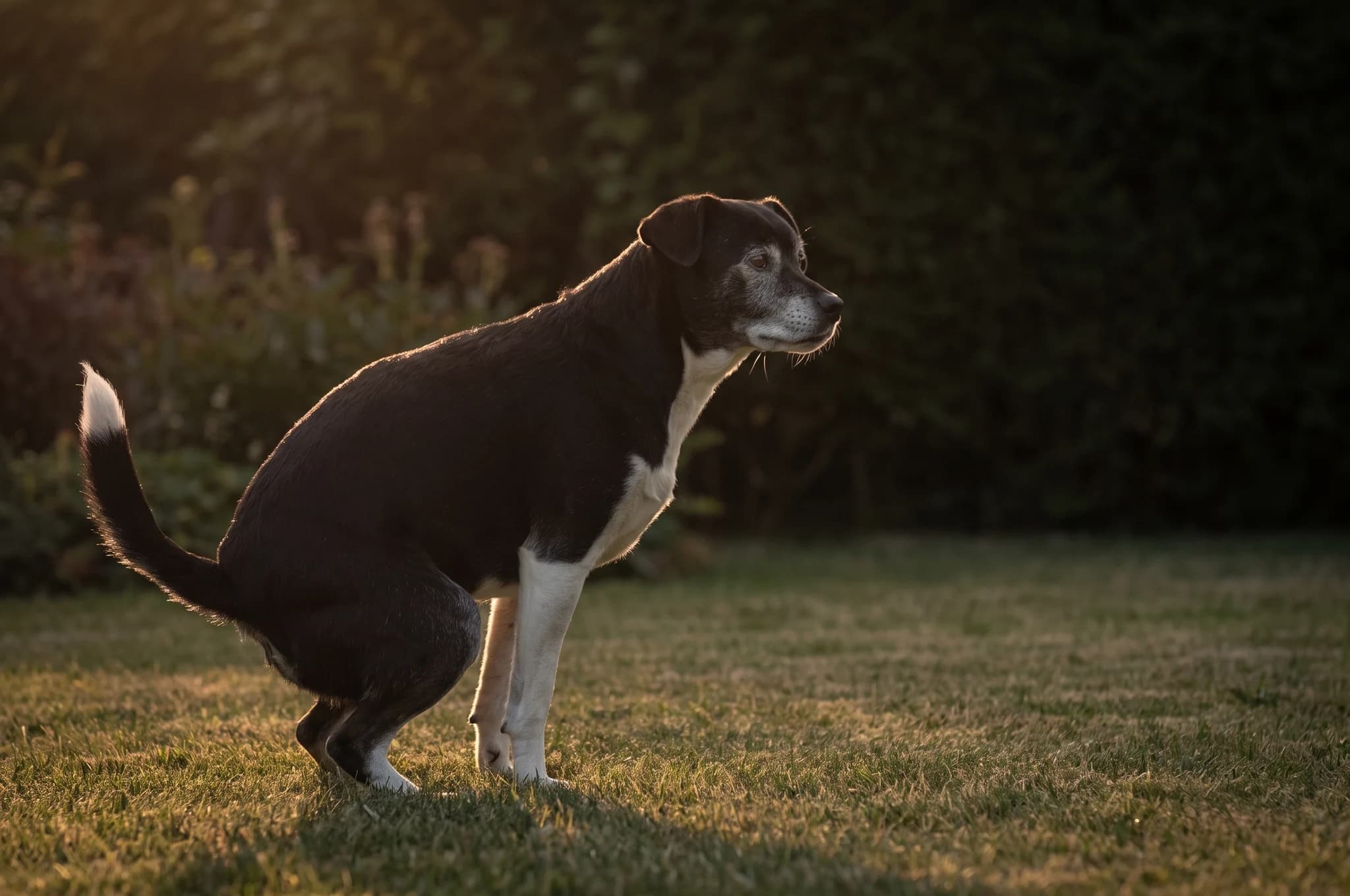 An older dog squatting in profile on a lawn in low golden light, with a dark hedge behind it
